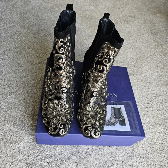 Stuart Weitzman Mediate Black Radiant Velvet Gold Sequins bootie Size 10 - Picture 13 of 17